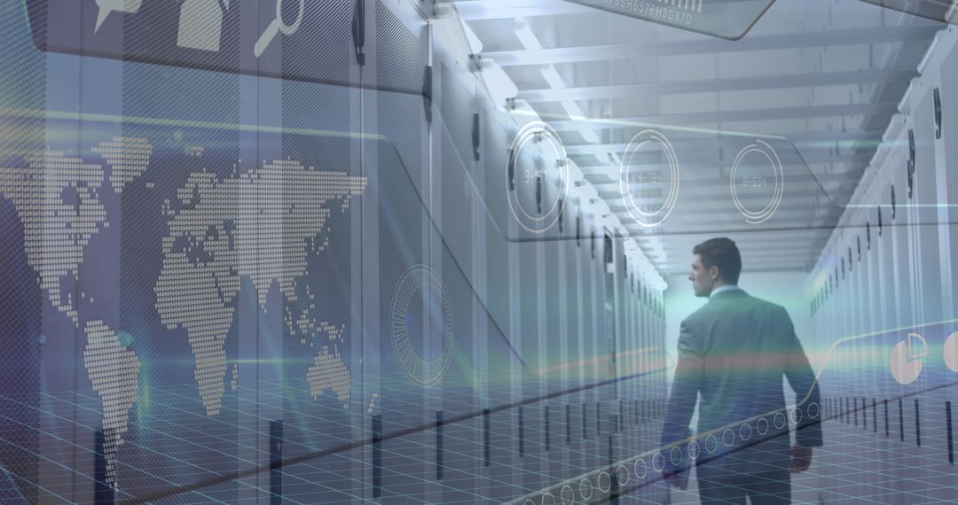 Technology Professional Navigating Futuristic Server Room
