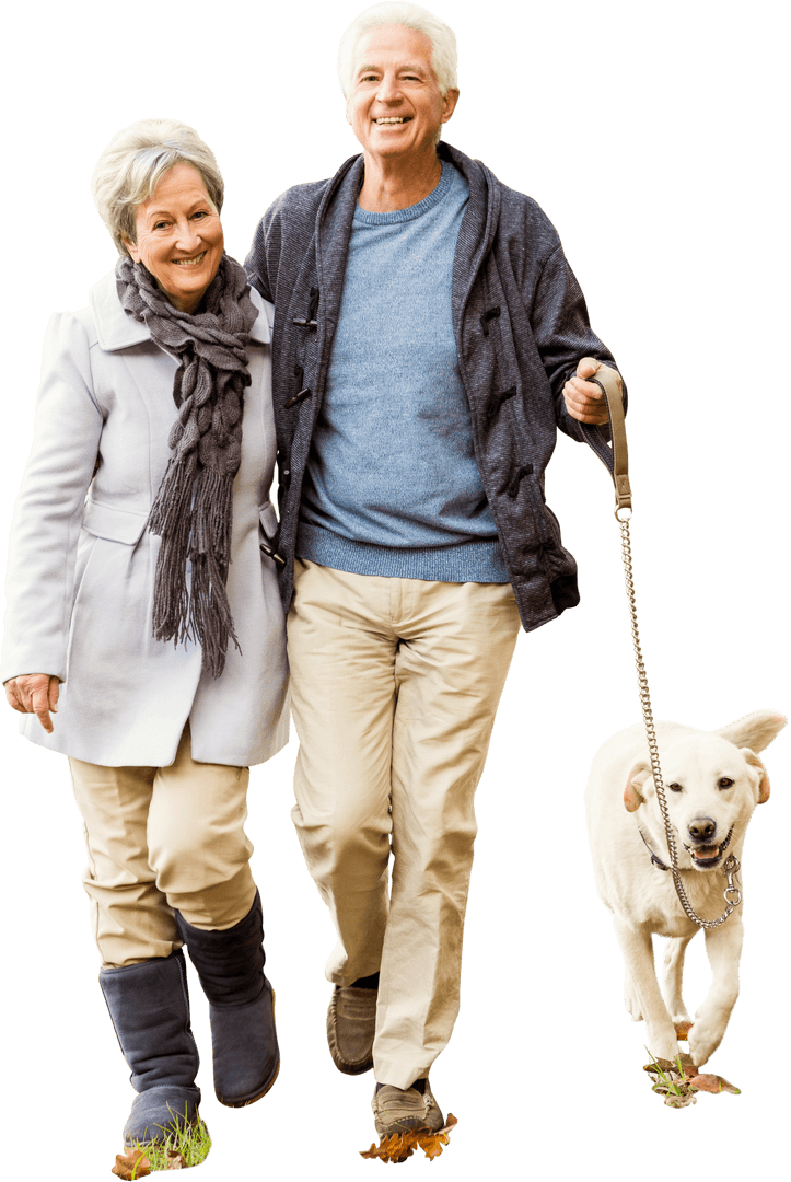 Happy Senior Couple Walking Dog on Transparent Background