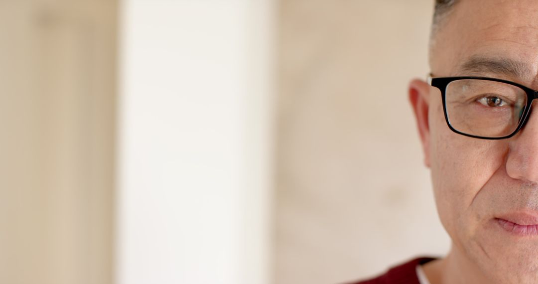 Senior Asian Man Wearing Glasses with Focused Expression in Office