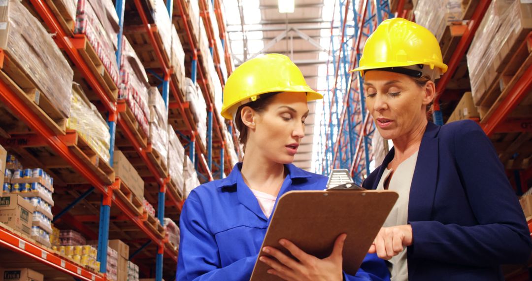 Female Warehouse Workers Discussing In Stockroom Aisle with Shelves - Free Images, Stock Photos and Pictures on Pikwizard.com