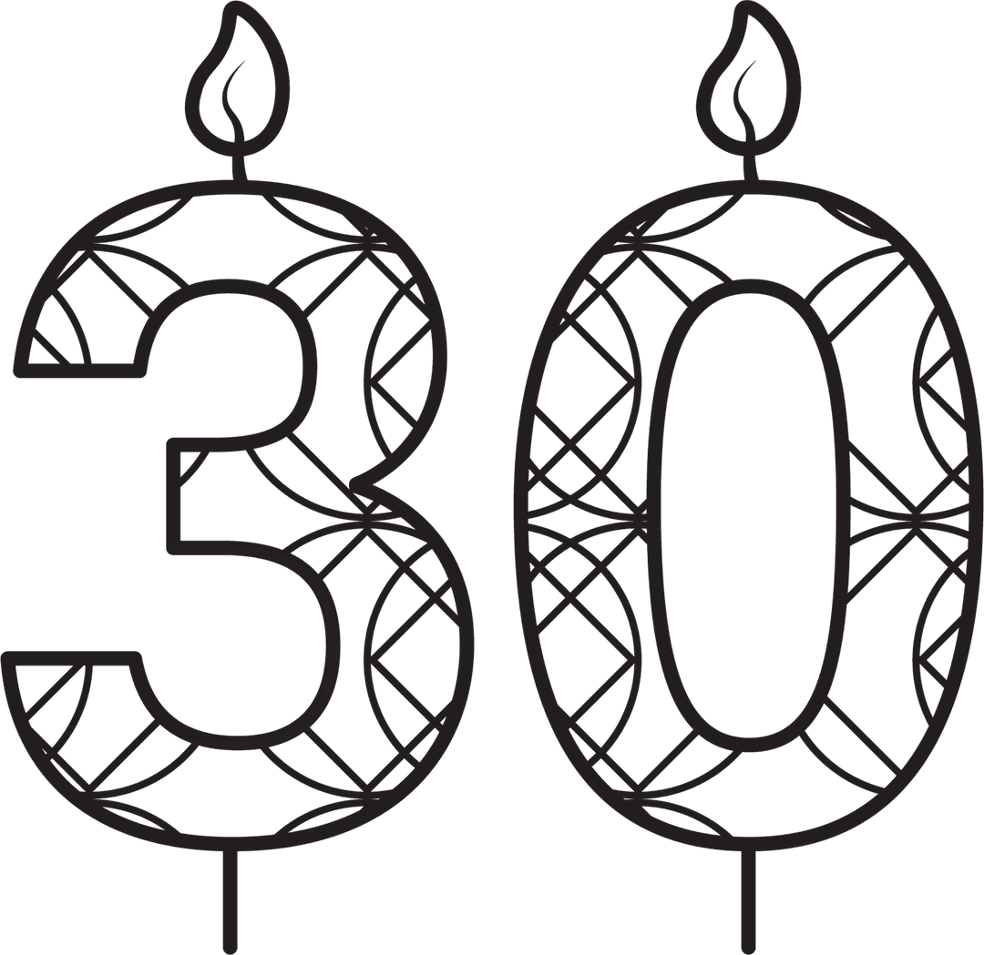 Transparent Number 30 Birthday Candle Design on Transparent Background