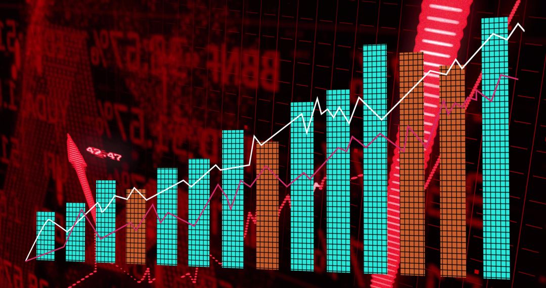 Digital Market Dashboard Showing Rising Bars Teal White Line Red Arrow Magenta Line
