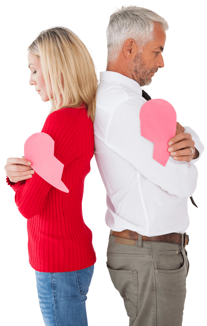 Transparent Mature Couple Holding Pieces Broken Heart Symbols Division