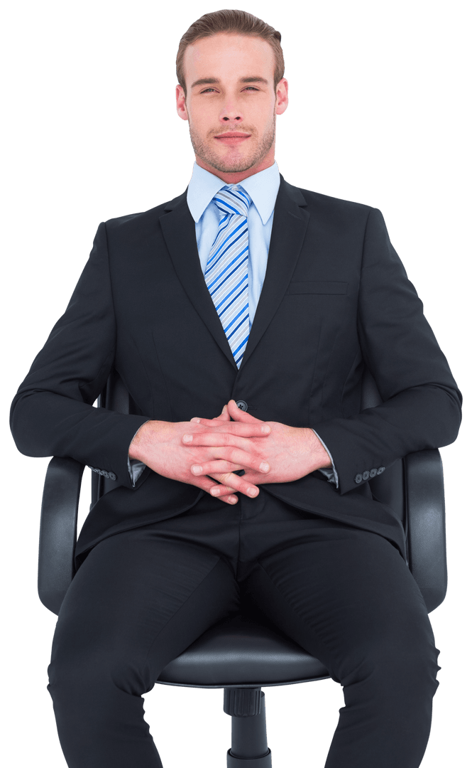 Stern Businessman Sitting on Transparent Office Chair