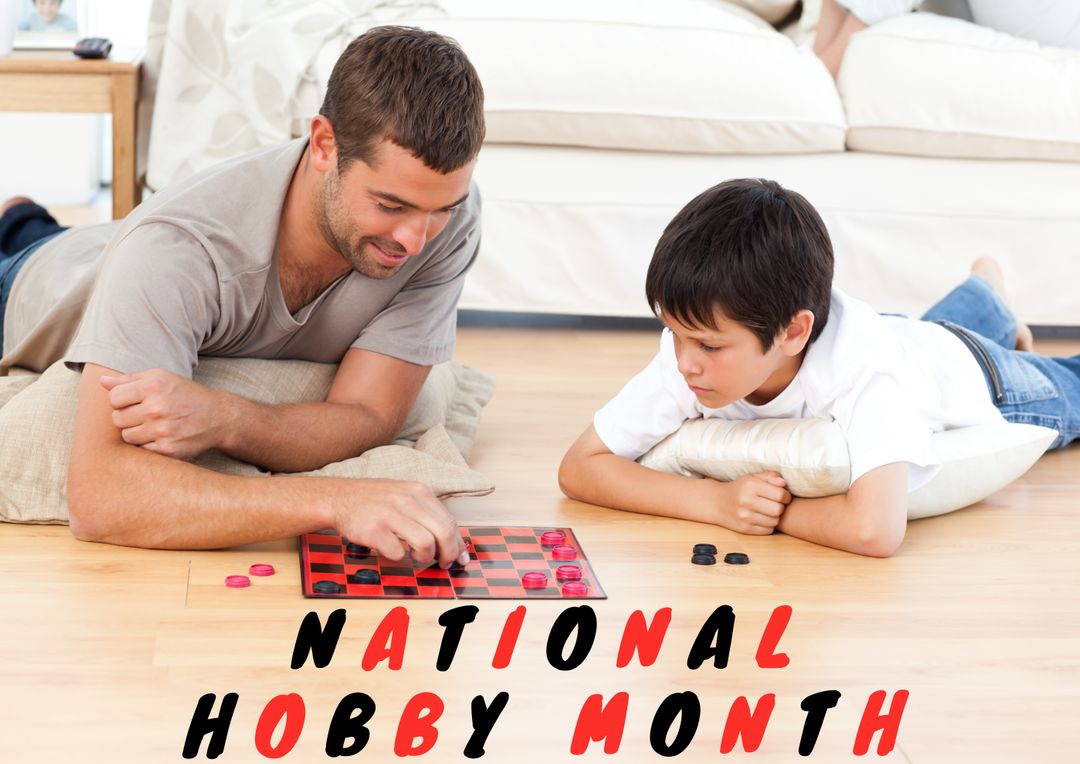 Digital composite image of father and son playing board game with national hobby month text at home - Free Images, Stock Photos and Pictures on Pikwizard.com