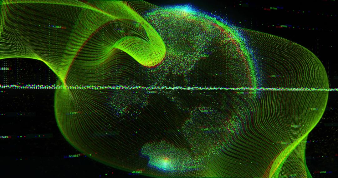 Wireframe Globe with Neon Glitches and Digital Patterns