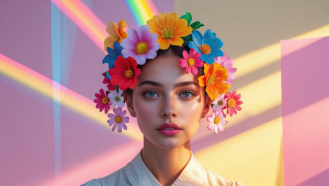 Artistic Model with Floral Wreath Against Pastel Background