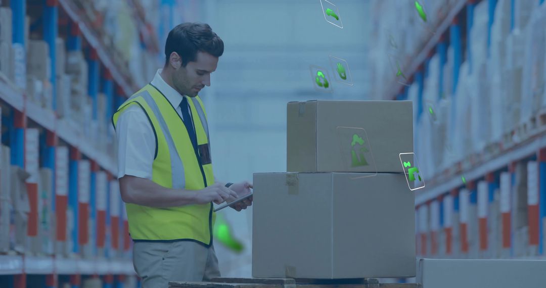 Warehouse Technician Scanning Boxes Using Modern Logistics Technology