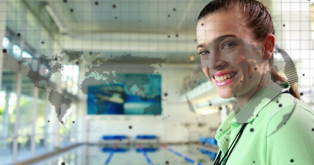 Smiling Female Swim Coach in Sunlit Aquatic Center with World Map Overlay and Pool Lanes