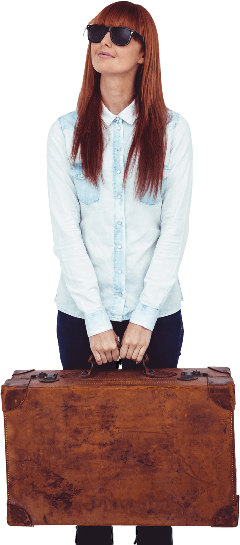 Redhead Wearing Shades Receiving Vintage Suitcase