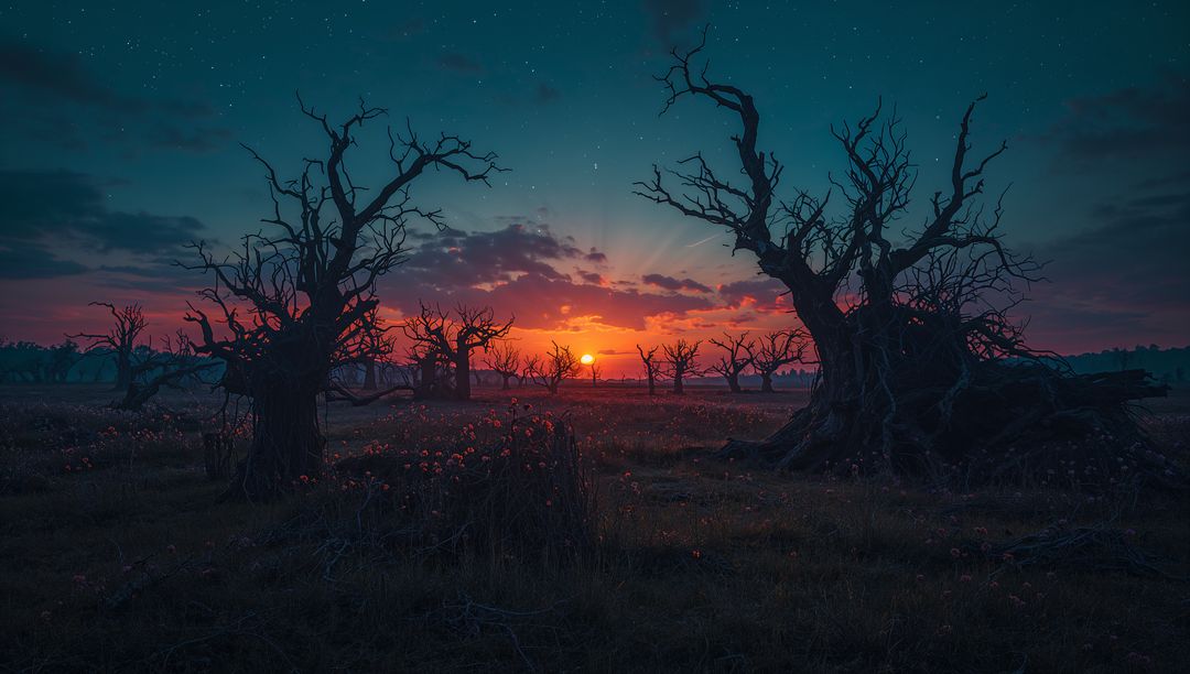 Mystical Sunset Behind Gnarled Dead Trees on Quiet Plain