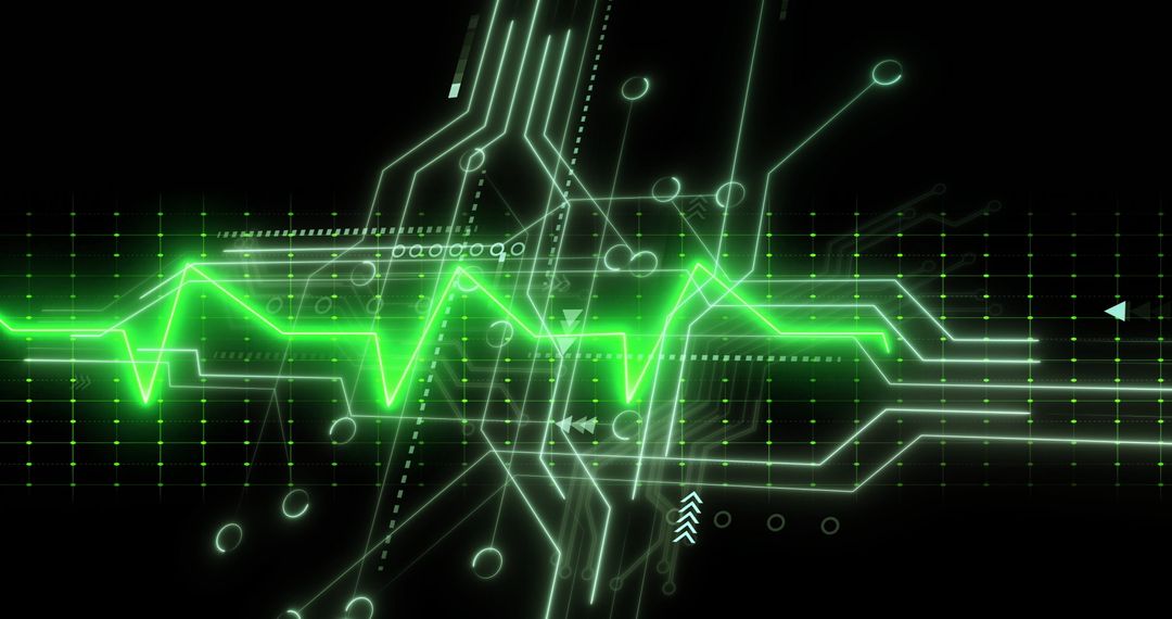 Futuristic Neon Green Waveform on Digital Circuit Interface