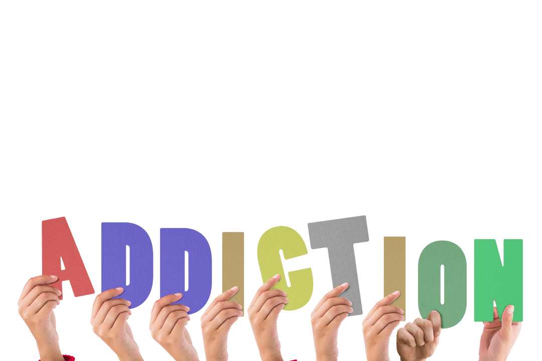 Transparent Hands Holding Word Addiction with Colorful Letters