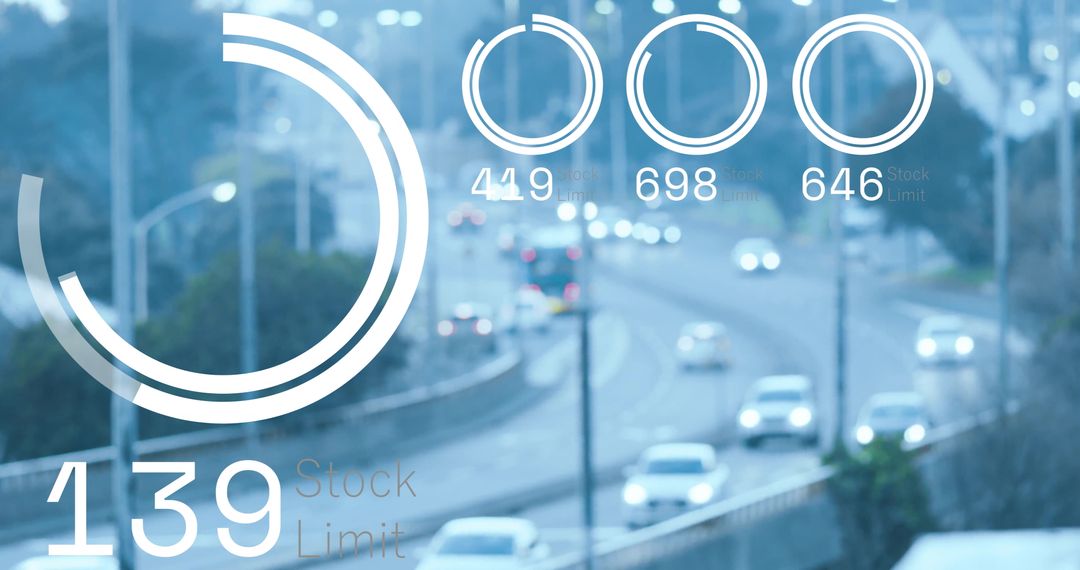 Futuristic Digital HUD Overlay on Highway Traffic at Dusk