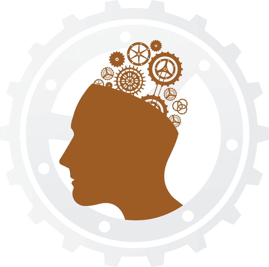 Transparent Silhouette of Head with Gears Inside a Gear Frame