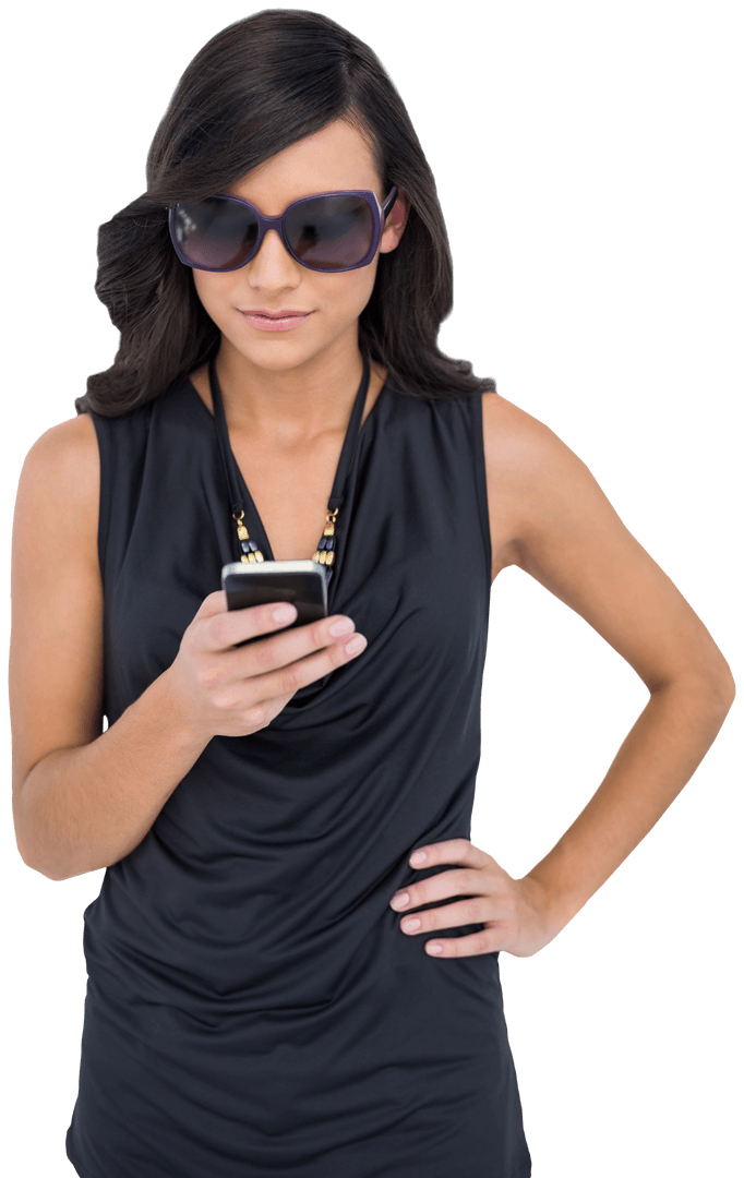 Confident Woman in Sunglasses Browsing Phone Transparent Background
