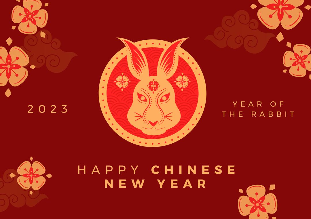 Happy Chinese New Year 2023 Banner with Year of the Rabbit Icon on Red Background - Download Free Stock Templates Pikwizard.com