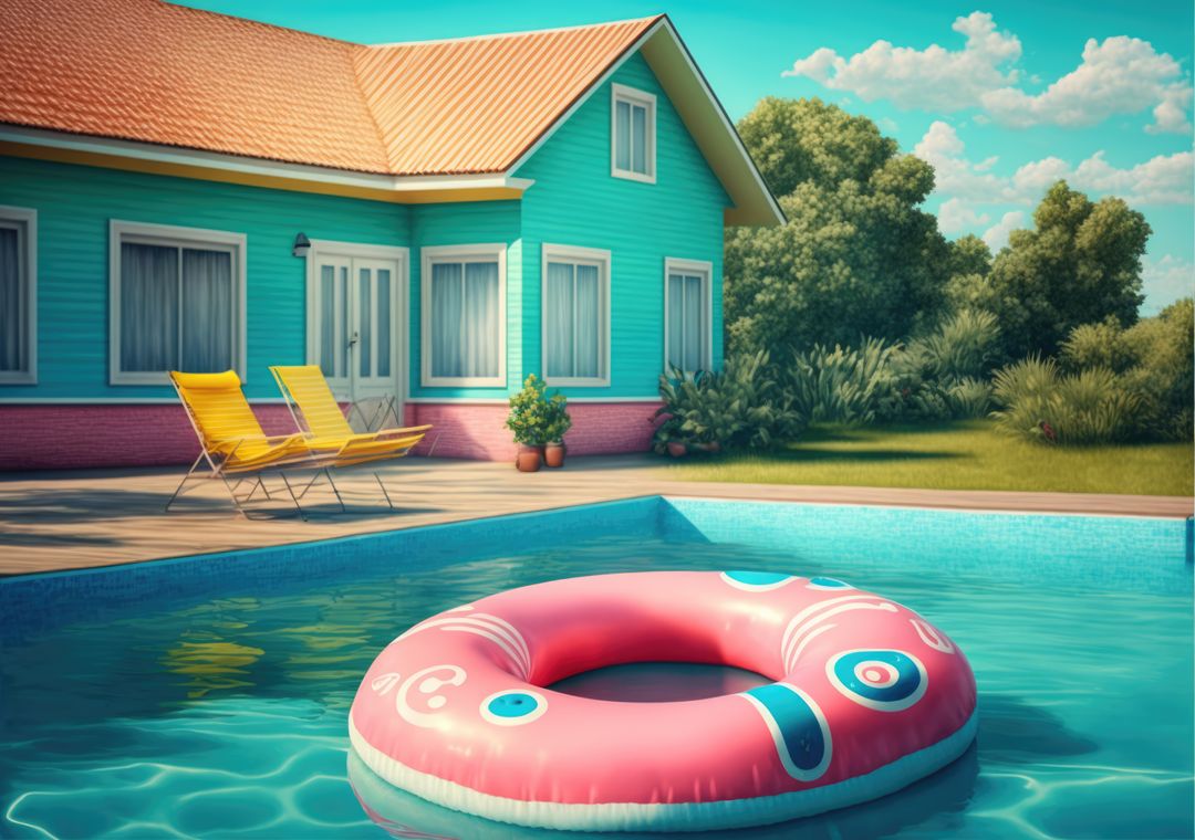 Brightly Colored House with Pool and Floating Ring on Sunny Day - Free Images, Stock Photos and Pictures on Pikwizard.com