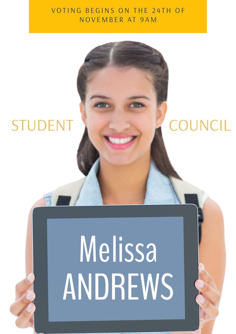 Smiling Student Holding Sign for Student Council Elections - Download Free Stock Templates Pikwizard.com