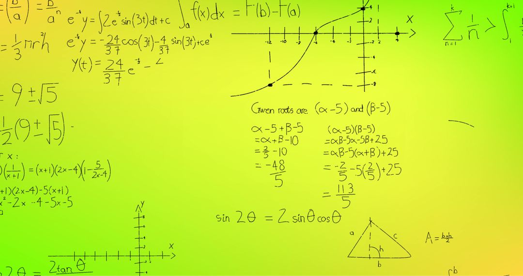 Colorful Mathematical Formulae and Graph Illustrations on Yellow Canvas