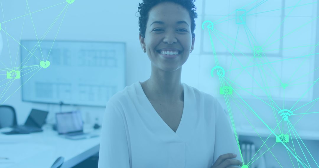 Smiling Businesswoman with Digital Network Interface in Modern Office