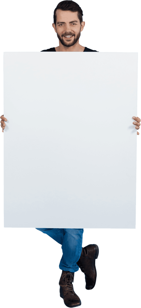 Smiling Young Man Holding Large Transparent Sign