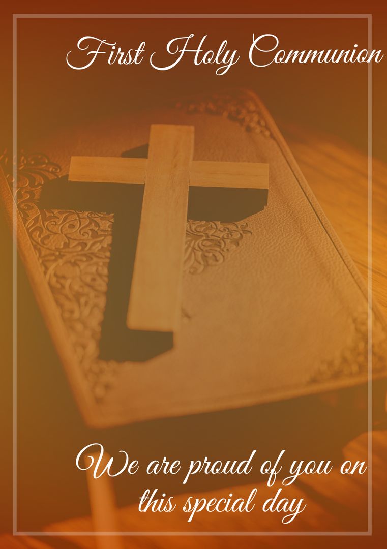 First Holy Communion Invitation Design with Cross and Bible