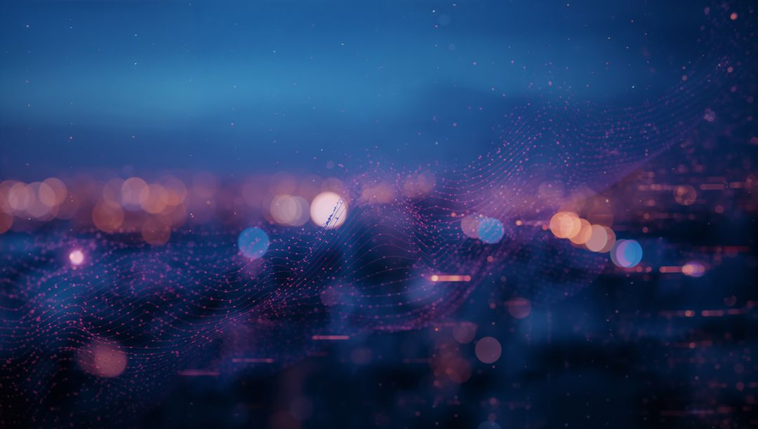 Futuristic Digital Mesh Over Cityscape with Bokeh Lights