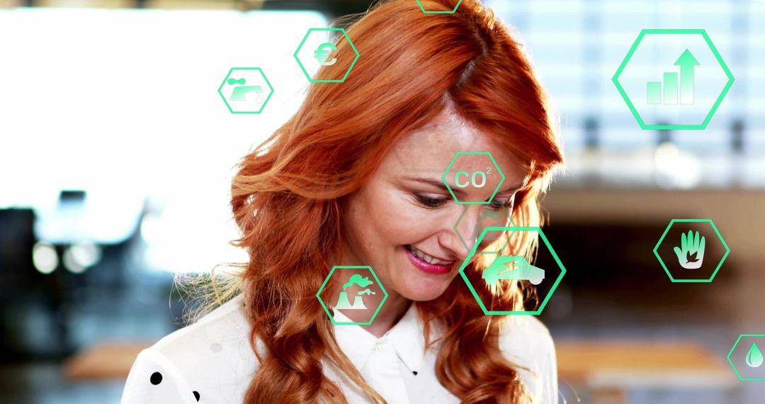 Smiling Professional Analyzing Sustainability Data in Kitchen Setting