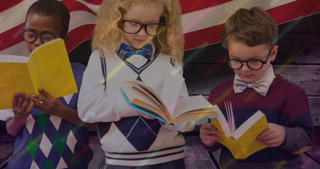 School Children Engaged in Reading with Books and Uniforms