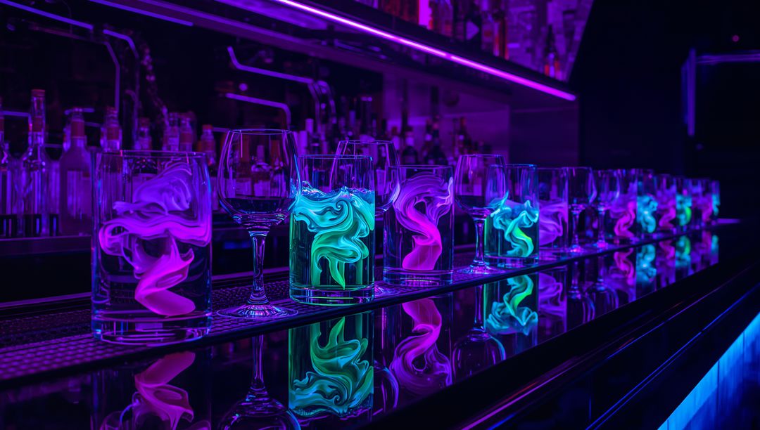 Neon Swirl Cocktails Reflecting on Bar Counter with Glowing Highball and Wine Glasses