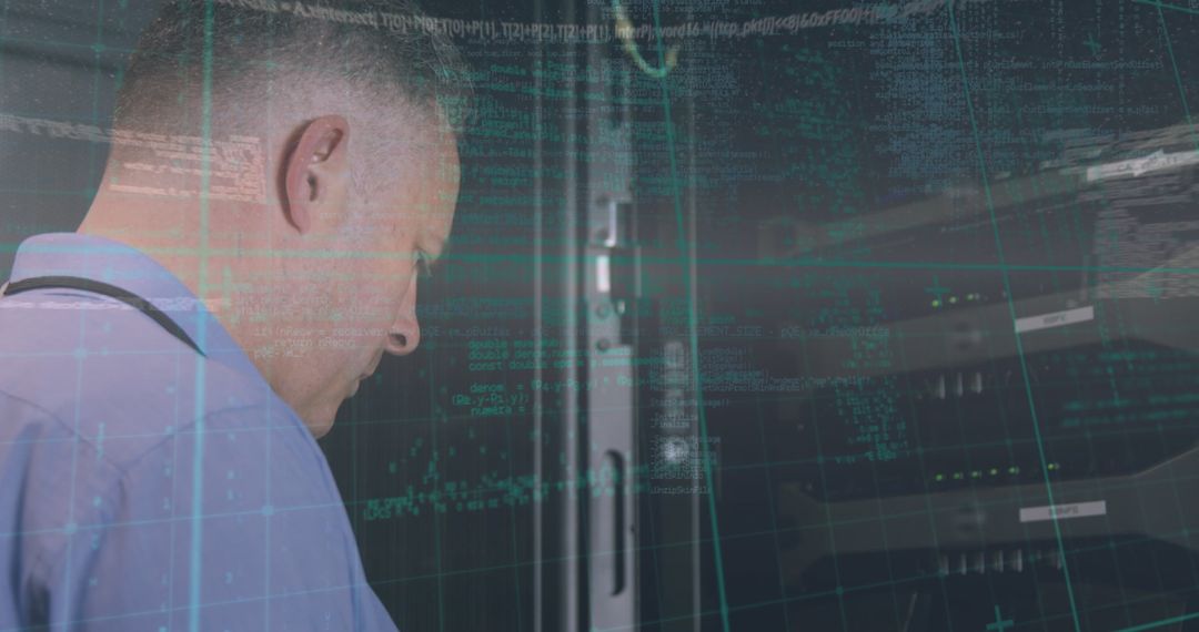 Focused IT Technician Monitoring Server Rack in Modern Data Center