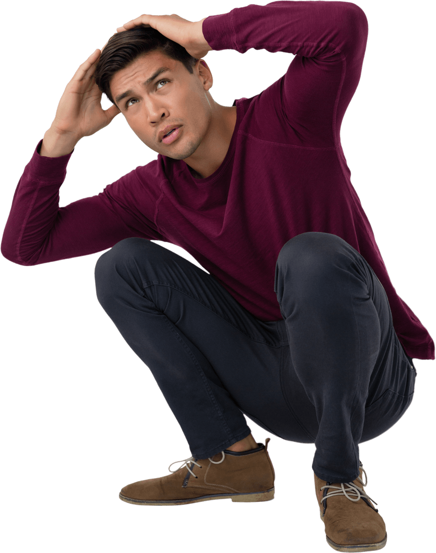 Transparent Man Squatting with Anxious Expression Looking Up