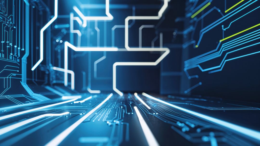 Futuristic Neon Circuit Board Environment with Glowing Traces