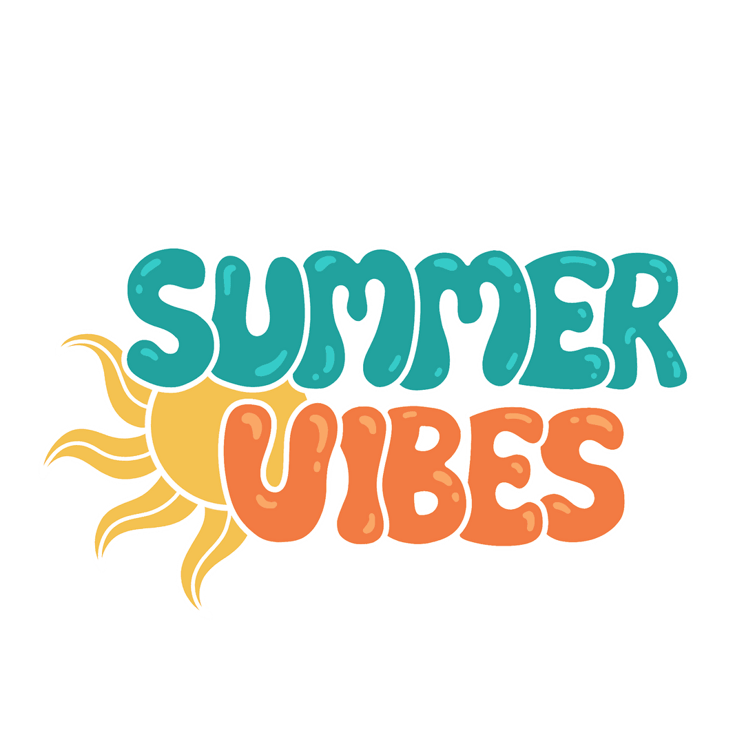 Colorful Summer Vibes Typography with Sun on Transparent Background