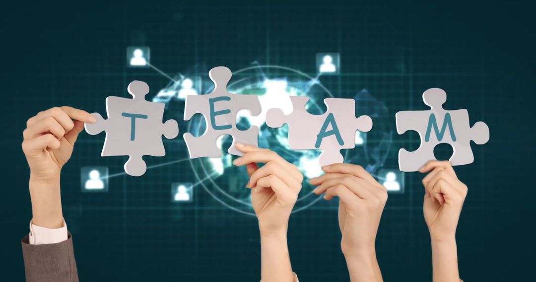 Hands Holding TEAM Puzzle Pieces in Futuristic Digital Interface