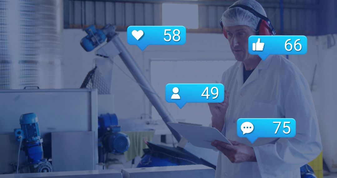 Factory Technician Reviewing Data with Social Analytics Overlay