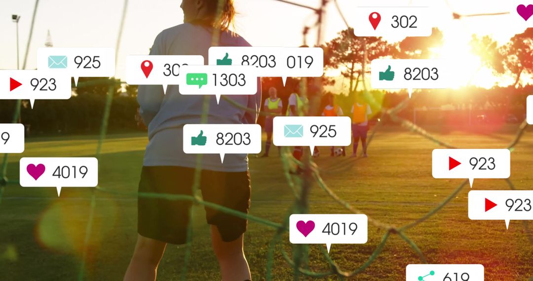 Goalkeeper on Field Among Social Media Like Icons and Tracking Symbols