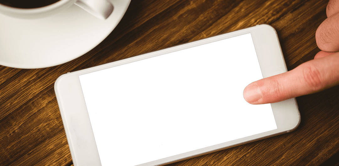 Finger Touching Modern Transparent Smartphone on Wooden Table