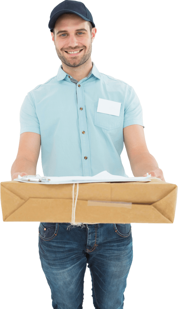 Happy Courier Man Delivering Parcel with Transparent Background
