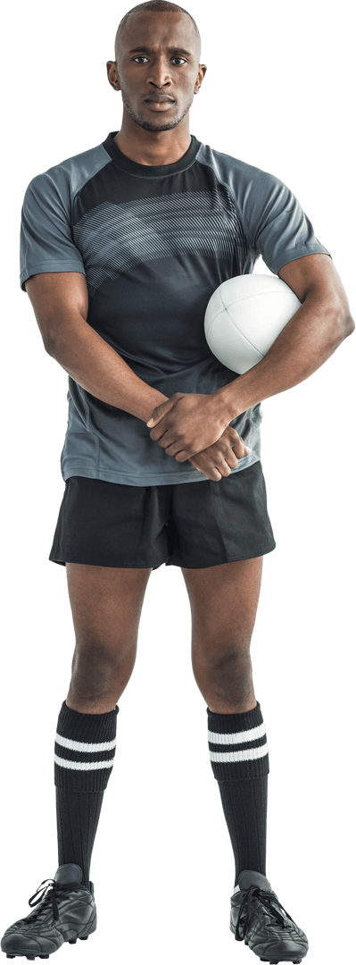 Transparent Confident Rugby Player Posing with Ball