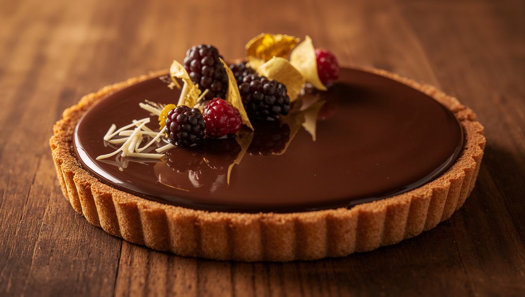 Glossy Chocolate Ganache Tart Featuring Blackberries Physalis and White Chocolate Shavings