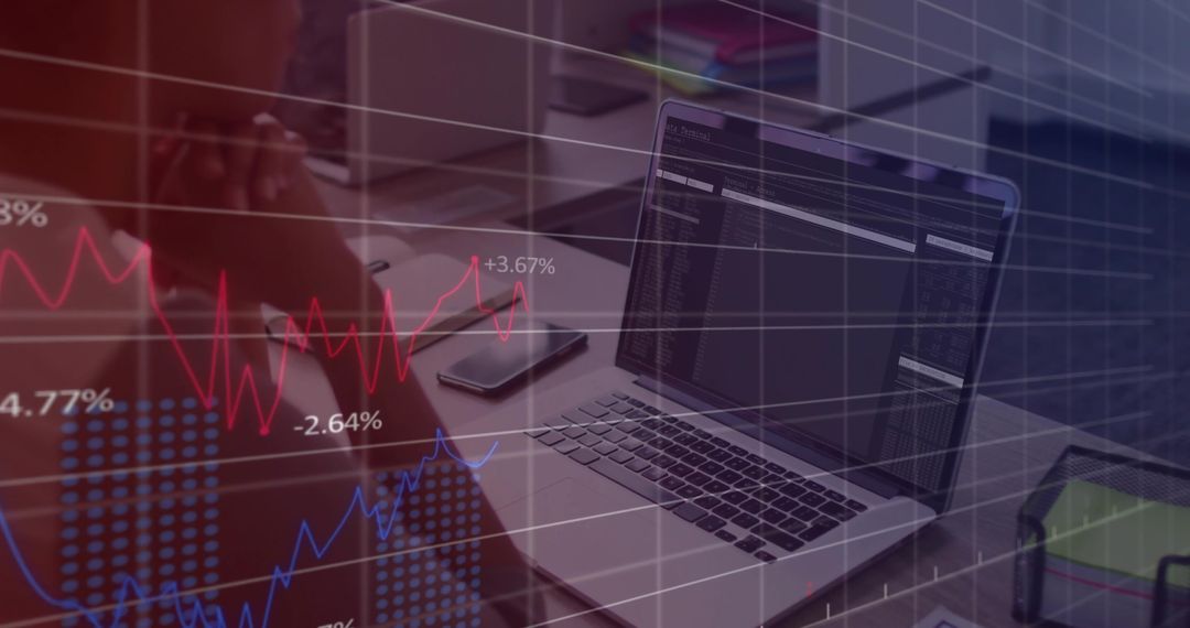 Business Analyst Reflecting at Desk with Chart Overlay