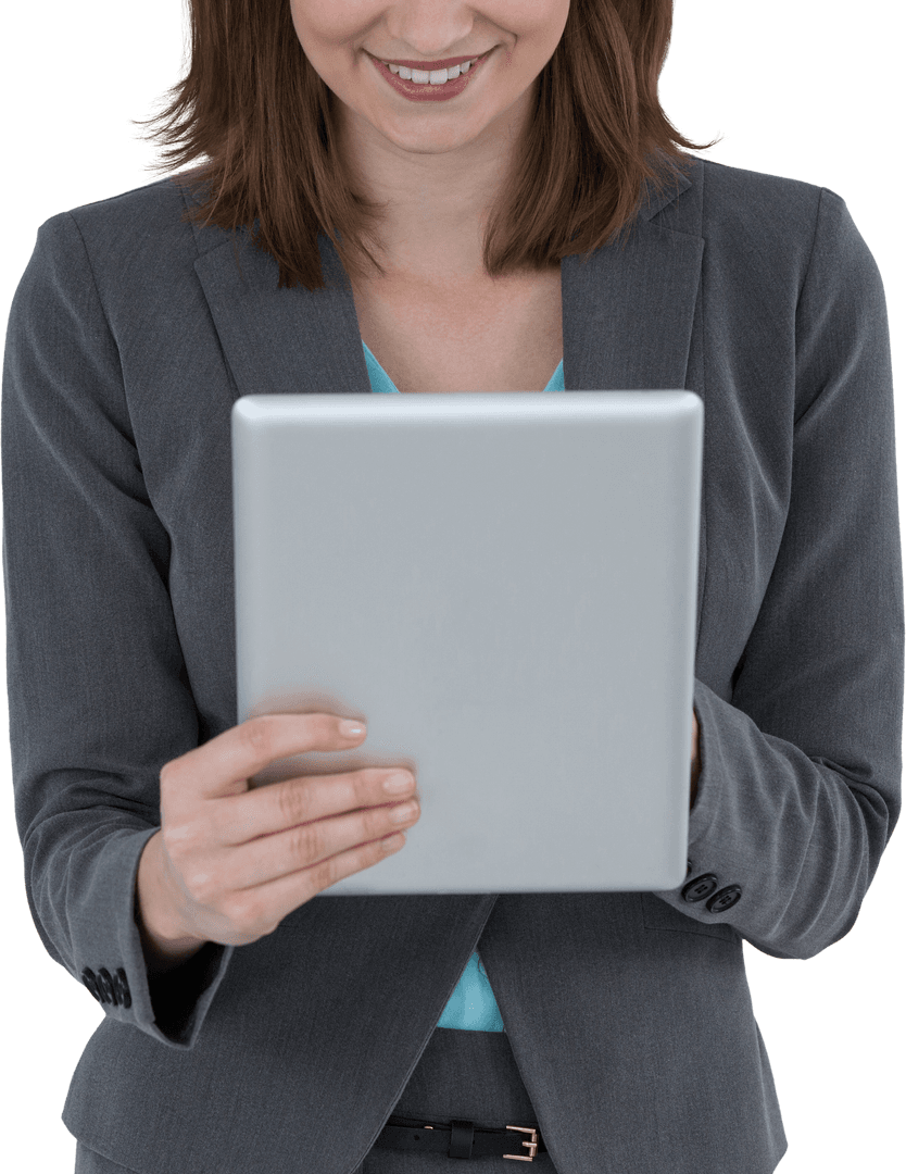 Smiling Businesswoman Using Tablet on Transparent Background
