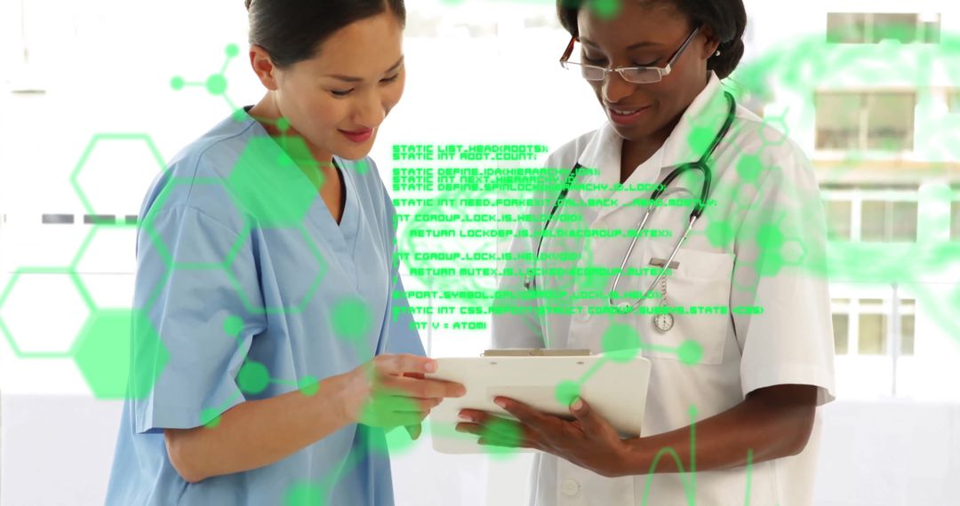 Diverse Female Doctors Discussing Overlapping Digital Data Interface