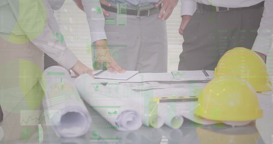 Architects Analyzing Blueprints with Overlaid Financial Data