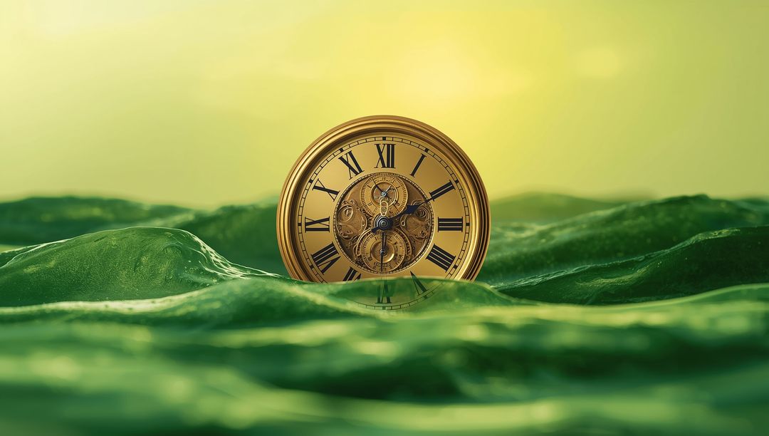 Intricate Antique Watch Floating on Surreal Green Waves