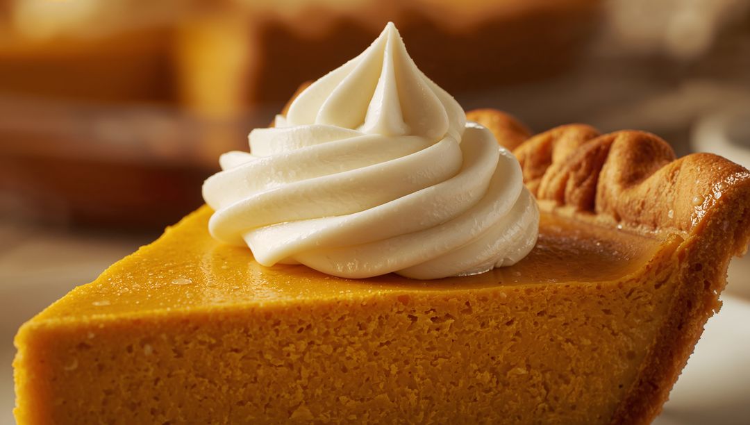 Pumpkin Pie Slice with Whipped Cream Swirl on Wooden Table