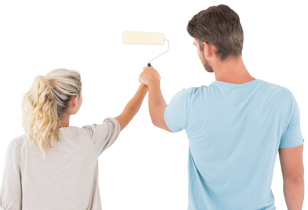 Young Couple Using Roller Brush on Transparent Background