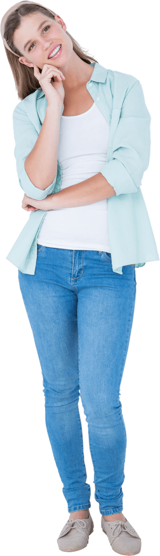 Transparent Thoughtful Woman in Casual Attire Experiencing Happiness